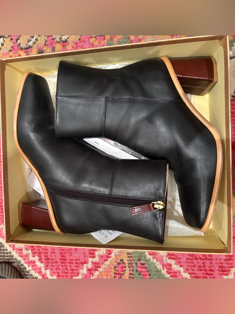 ALOHAS Black Leather Ankle Boots with Brown Block Heel